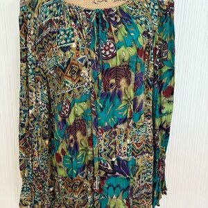 Vintage Carole Little Teal Multi Printed Peasant Tunic